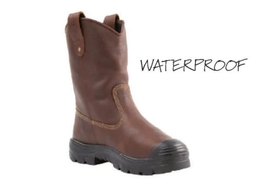 Brown Steel Blue Heeler Met Bump pull-on boot marked waterproof in the guide