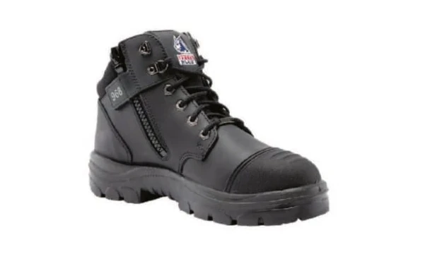 Black Steel Blue Parkes lace-up boot with side zip and scuff cap