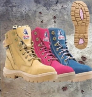 Steel Blue Southern Cross ladies boots shown in sand, pink and blue with an outsole view