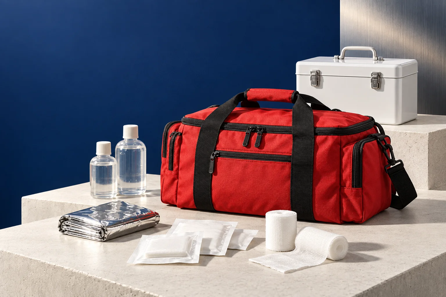 Illustration of a first-aid bag, supply case, gauze, dressings, emergency blanket and eyewash bottles