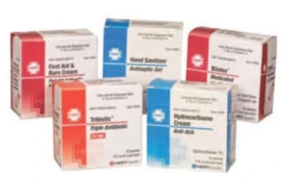 Boxes of first-aid and burn cream, hand sanitizer, antibiotic ointment and hydrocortisone cream