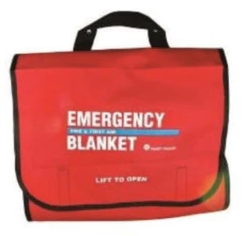 Red emergency blanket carrying pouch with a black handle