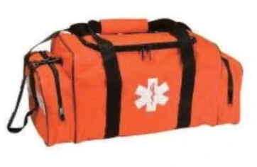 Orange first-aid duffel with black handles and a white medical emblem