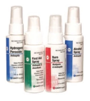 Bottles of hydrogen peroxide, first-aid spray, burn spray and alcohol spray