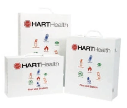 Three white HART Health first-aid cabinets and carrying cases