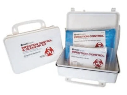 White infection control and cleanup kit shown open and closed