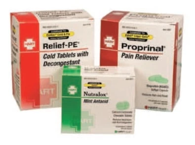 Relief-PE cold tablets, Proprinal pain reliever and Nutralox mint antacid boxes pictured in the service guide
