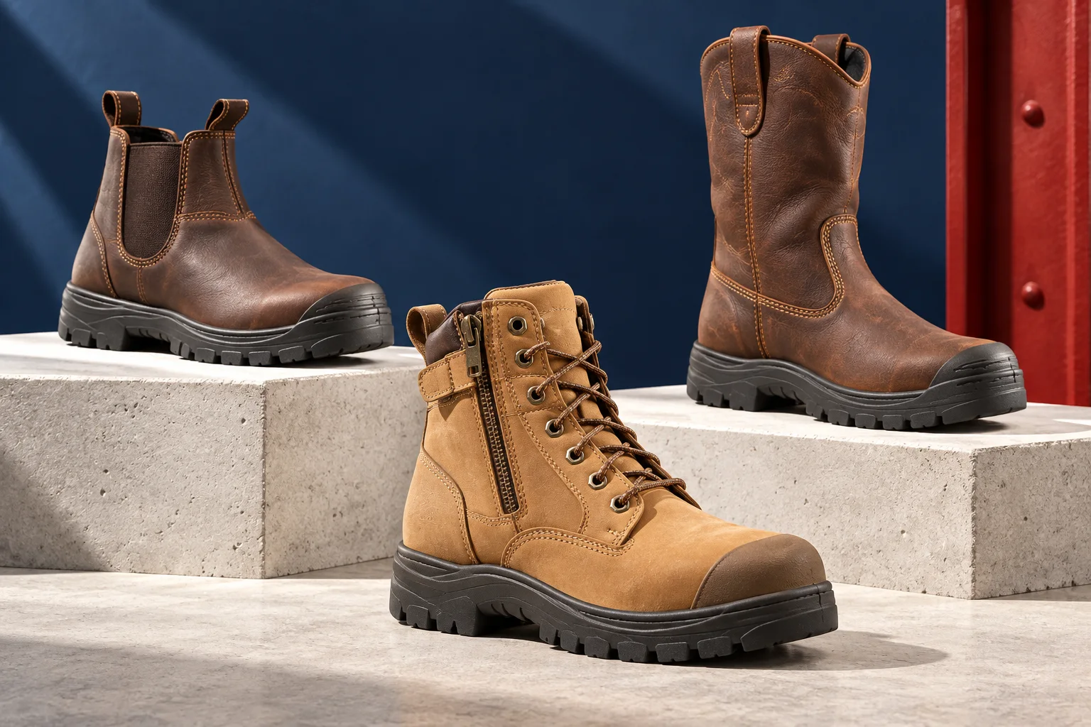Illustrative examples of lace-up, elastic-sided and tall pull-on work boots
