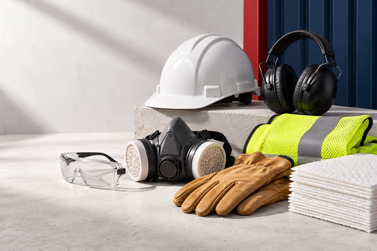 Illustration of a hardhat, hearing protection, respirator, safety glasses, gloves, high-visibility vest and absorbent pads